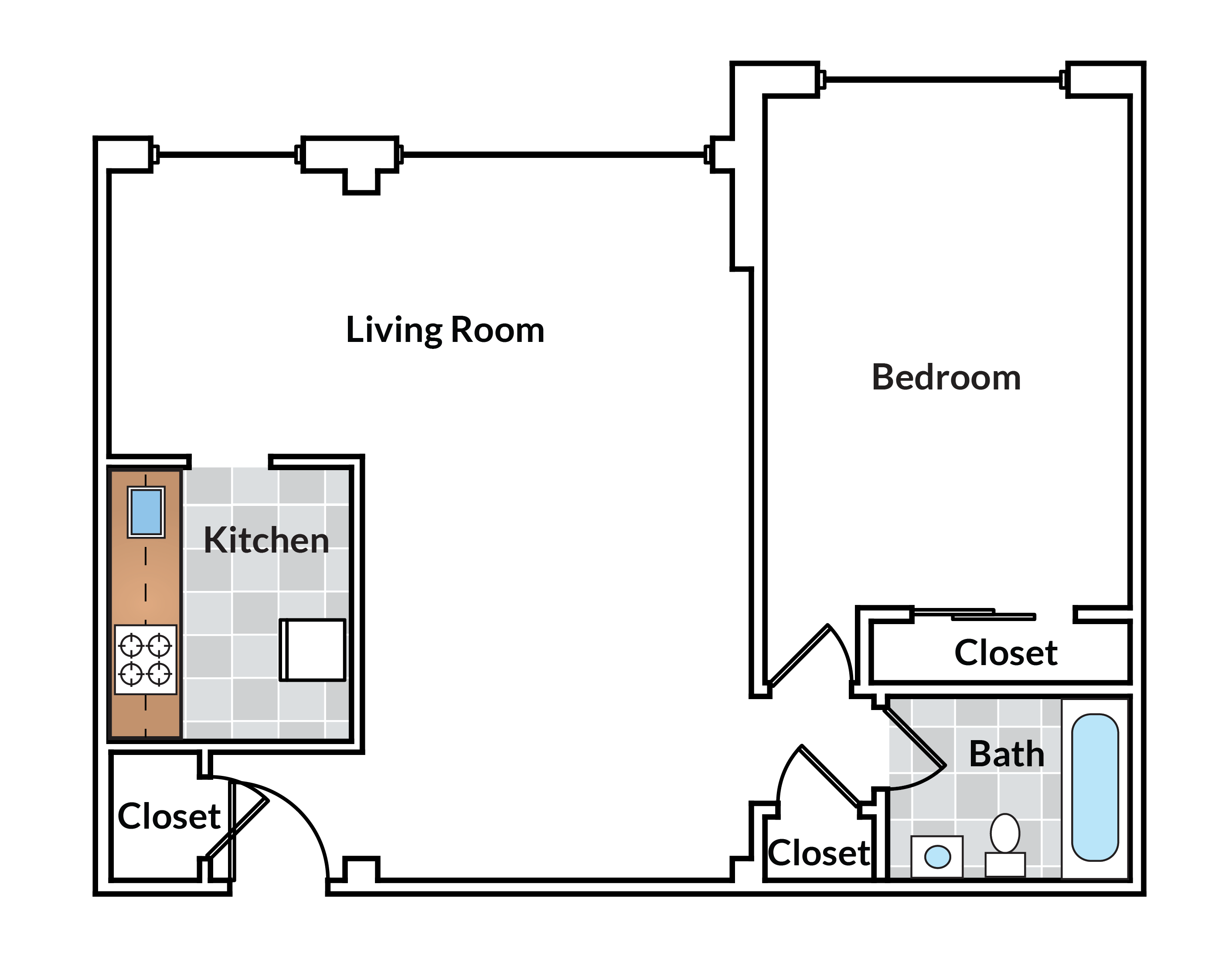 Floor plan for 1 bed, 1 bath, 755 sqft